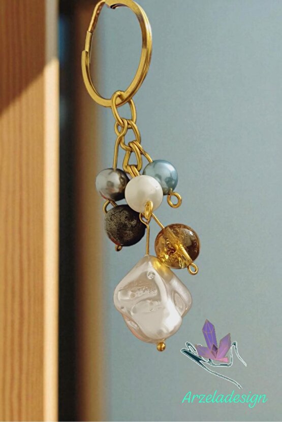 Doğal Taş Anahtarlık Barok İnci Sitrin  Pirit Bolluk ve Berekt  Anahtarligi