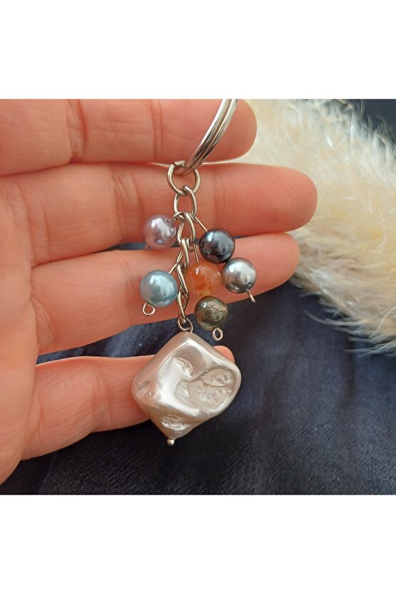 Doğal Taş Anahtarlik Barok İnci Sitrin ve Pirit Para Miknatisi Bolluk ve Bereket  Anahtarlğı