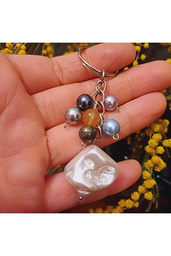 Doğal Taş Anahtarlik Barok İnci Sitrin ve Pirit Para Miknatisi Bolluk ve Bereket  Anahtarlğı