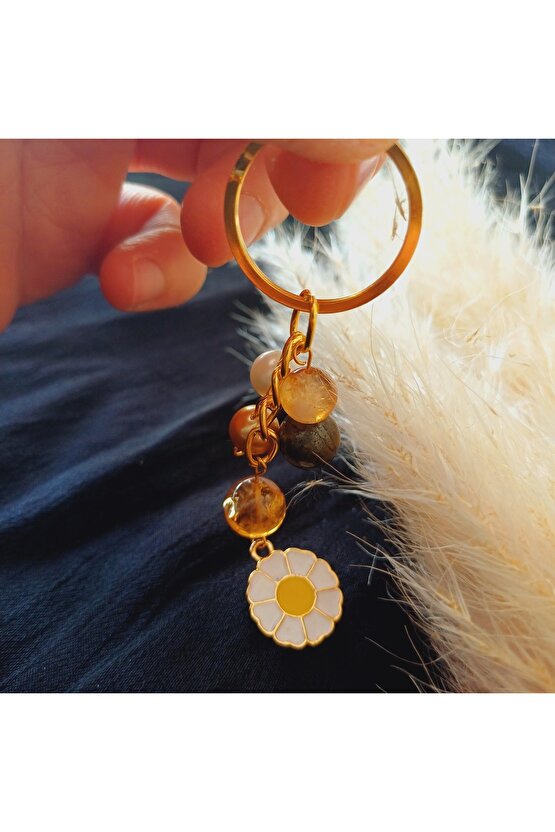 Doğal Taş Anahtarlik Bolluk Berekt ve Koruma Anahtarlığı Sitrin Pirit ve İnci