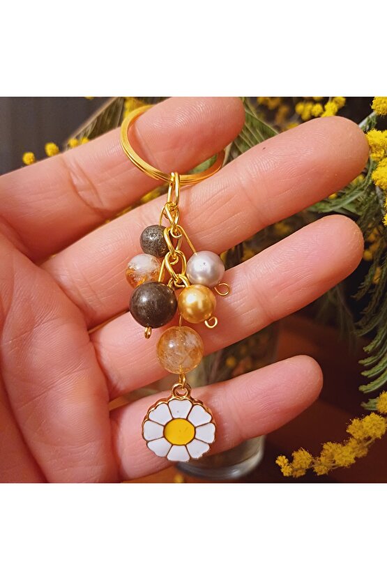 Doğal Taş Anahtarlik Bolluk Berekt ve Koruma Anahtarlığı Sitrin Pirit ve İnci