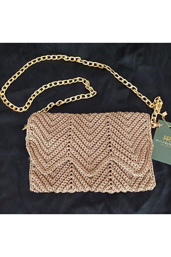 Örgü Canta Gold Zincir Yaldizli Makrome İp 25×12 cm