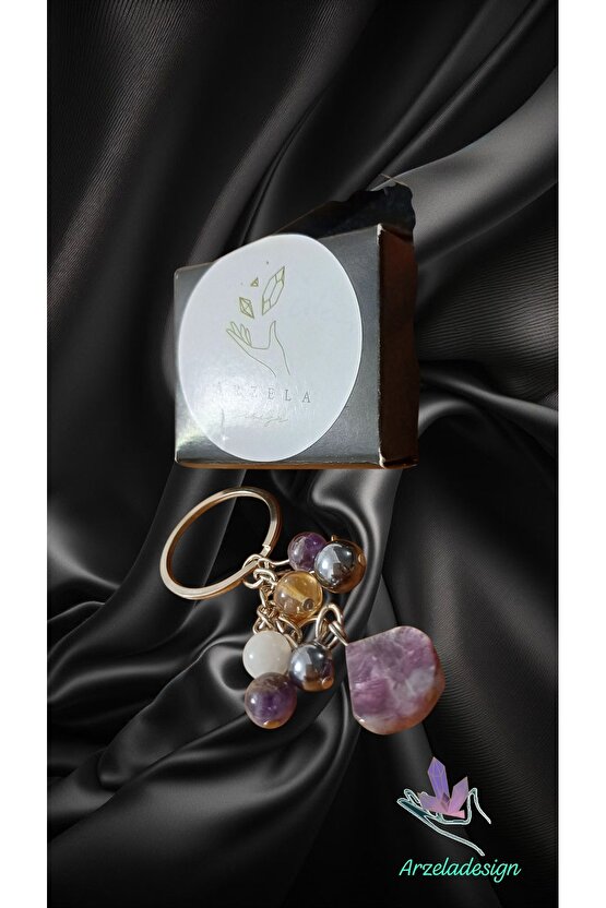 Doğal Taş Anahtarlık, Bolluk Bereket Anahtarlığı,lepidolit Ametist ,pembe Kuvars,kristal Kuvars