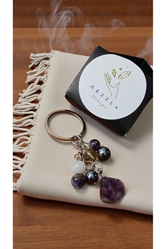 Doğal Taş Anahtarlık, Bolluk Bereket Anahtarlığı,lepidolit Ametist ,pembe Kuvars,kristal Kuvars