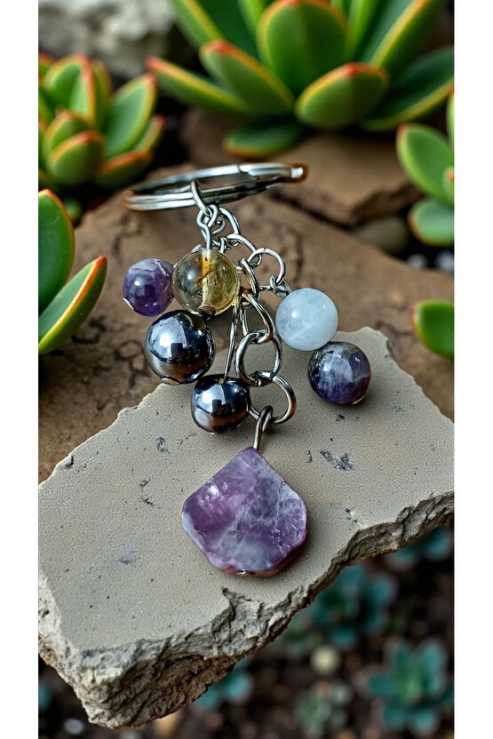 Doğal Taş Anahtarlık, Bolluk Bereket Anahtarlığı,lepidolit Ametist ,pembe Kuvars,kristal Kuvars