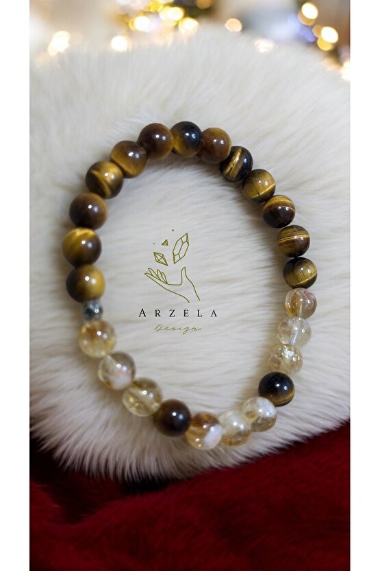 Doğal Taş Sitrin Ve Kaplan Gözü Şans Bilgelik Bilekliği