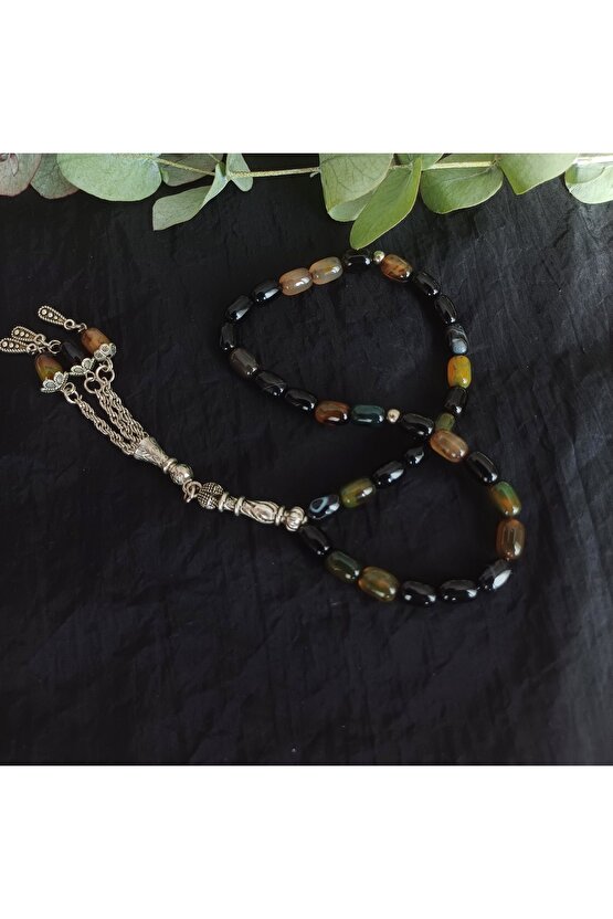 Doğal Taş Erkek Arpa Akik Tesbih Gümüş Kaplama