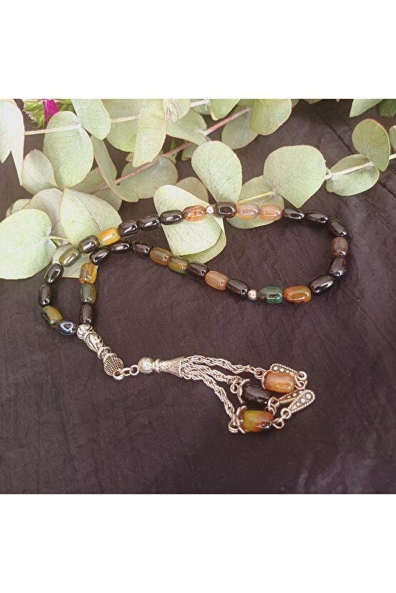 Doğal Taş Erkek Arpa Akik Tesbih Gümüş Kaplama