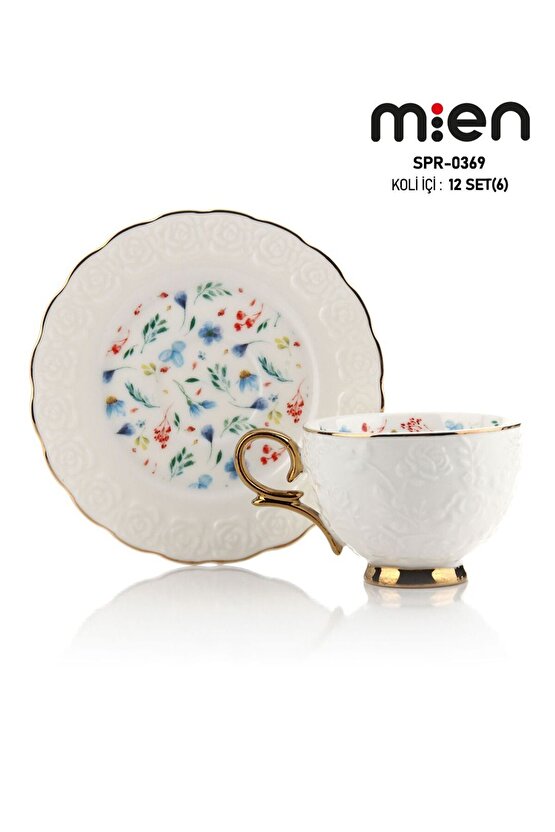 SPR-0369 Kabartma Desenli Çiçek Motifli Gold Detaylı Porselen Kahve Fincan Takımı 6’lı