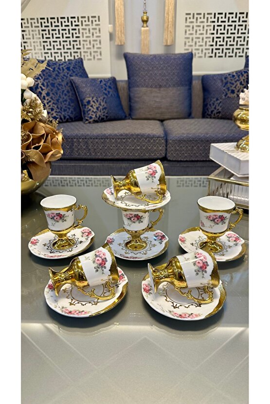 Kosova Ayaklı Güllü Gold Kahve Fincan Takımı 6 Kişilik