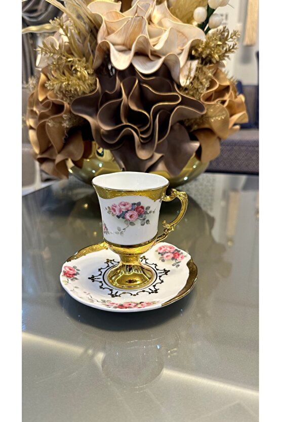 Kosova Ayaklı Güllü Gold Kahve Fincan Takımı 6 Kişilik