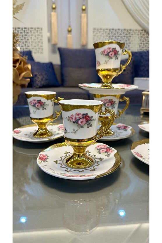 Kosova Ayaklı Güllü Gold Kahve Fincan Takımı 6 Kişilik
