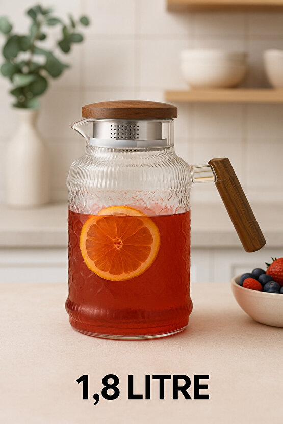 1.8 Litre Akasya Kapaklı Cam Sürahi – Isıya Dayanıklı & Şık Tasarım