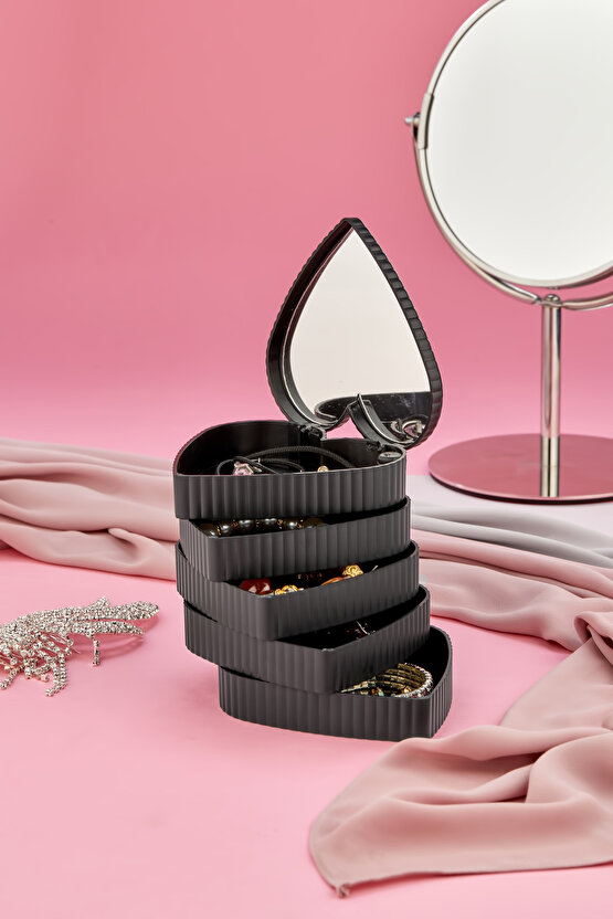 Çizgili Desenli Kalpli Mina 5 Katlı Aynalı Takı Organizeri Siyah Renk - Aynalı Takı Organizeri