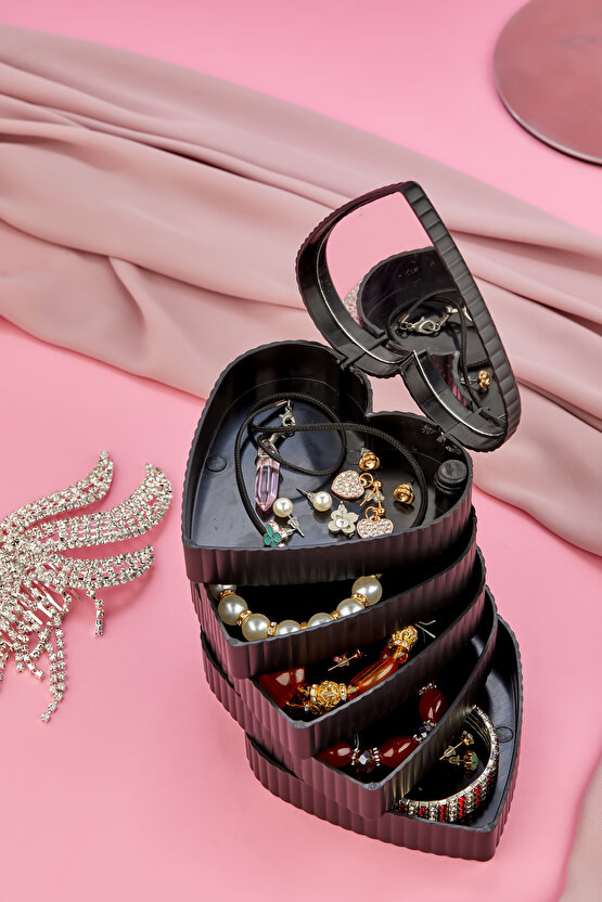 Çizgili Desenli Kalpli Mina 5 Katlı Aynalı Takı Organizeri Siyah Renk - Aynalı Takı Organizeri