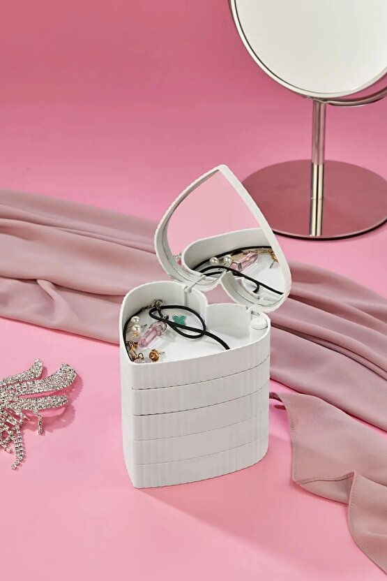 Çizgili Desenli Kalpli Mina 5 Katlı Aynalı Takı Organizeri Beyaz Renk - Aynalı Takı Organizeri