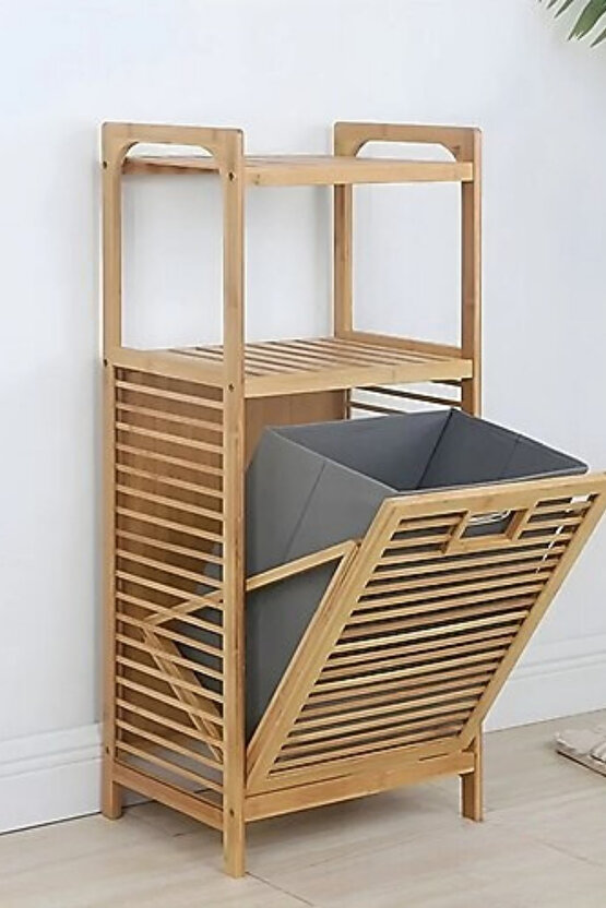 Bambu Çamaşır Sepeti Raflı & Kirli Sepeti İç Bölmeli 40x30x95 cm