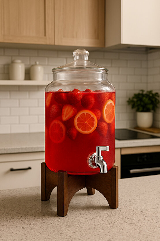 3 Litre Cam Sebil Musluklu İçecek Dispenseri Akasya Standlı Limonata & Soğuk İçecek Sürahi