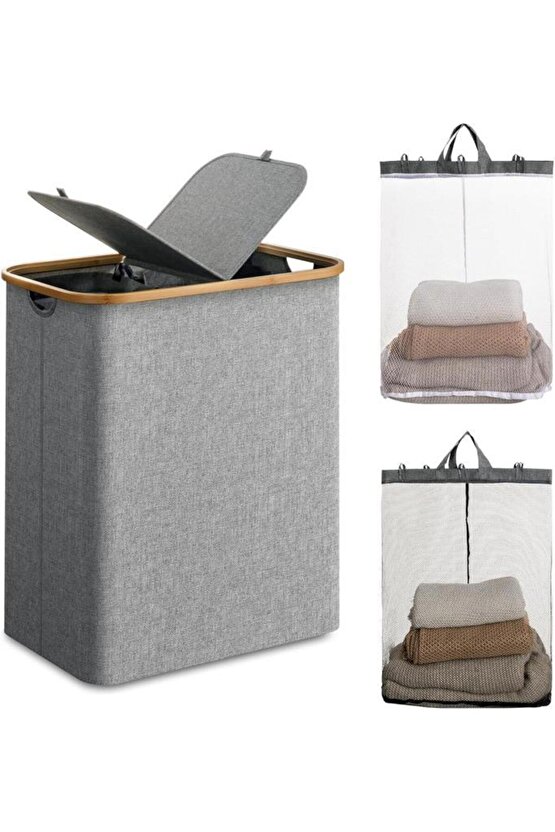 Mien Bambu Kenarlı Kumaş Katlanabilir 100 Lt Çamaşır Sepeti 54x33x58