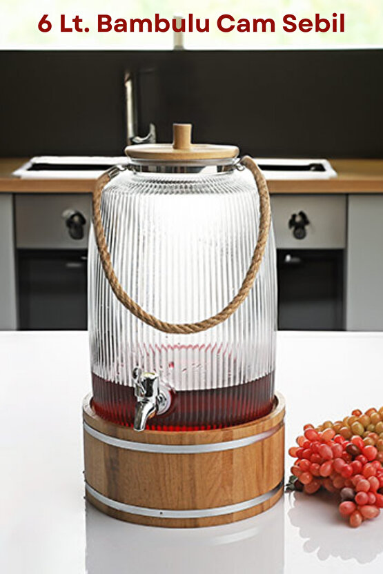 Bambulu Musluklu Cam İçecek Sebili 6 L Bambu Standlı, Halat Kulplu Şık Sunum Damacanası Su Sebili