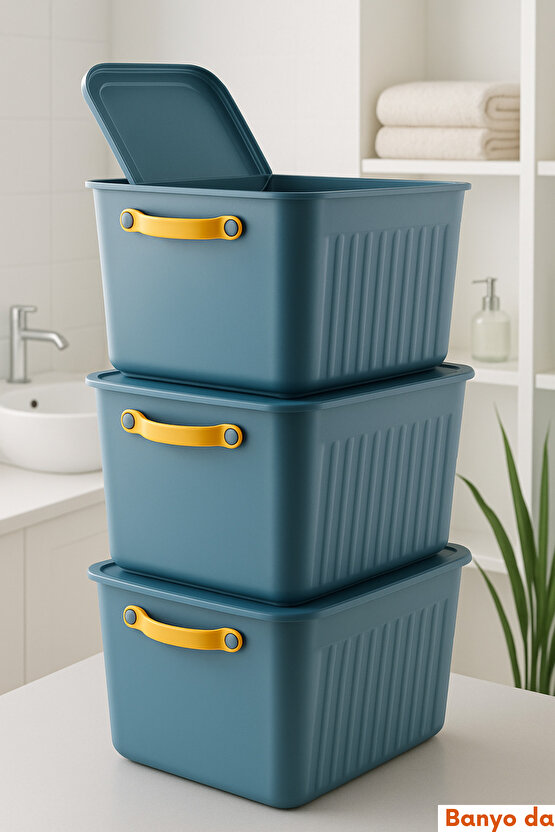 3lü Set Kapaklı ve Saplı Düzenleme Saklama Kutusu – Mavi – Çok Amaçlı Organizer