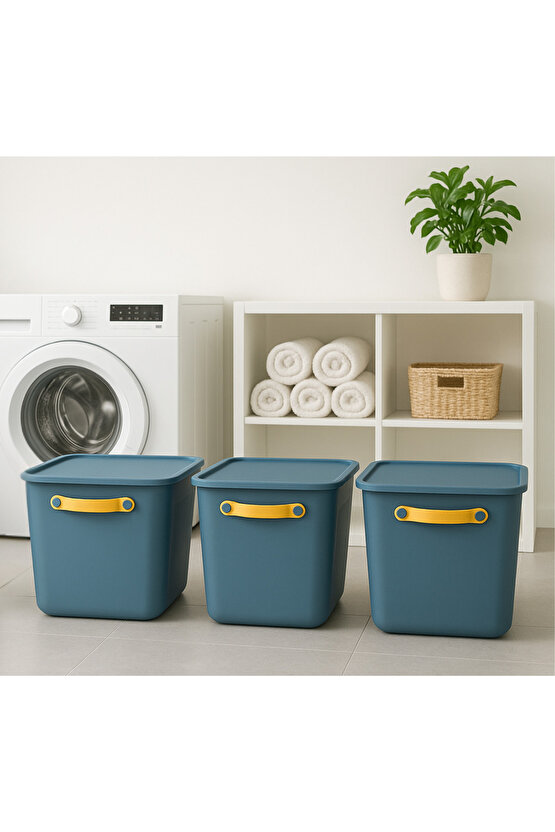 3lü Set Kapaklı ve Saplı Düzenleme Saklama Kutusu – Mavi – Çok Amaçlı Organizer