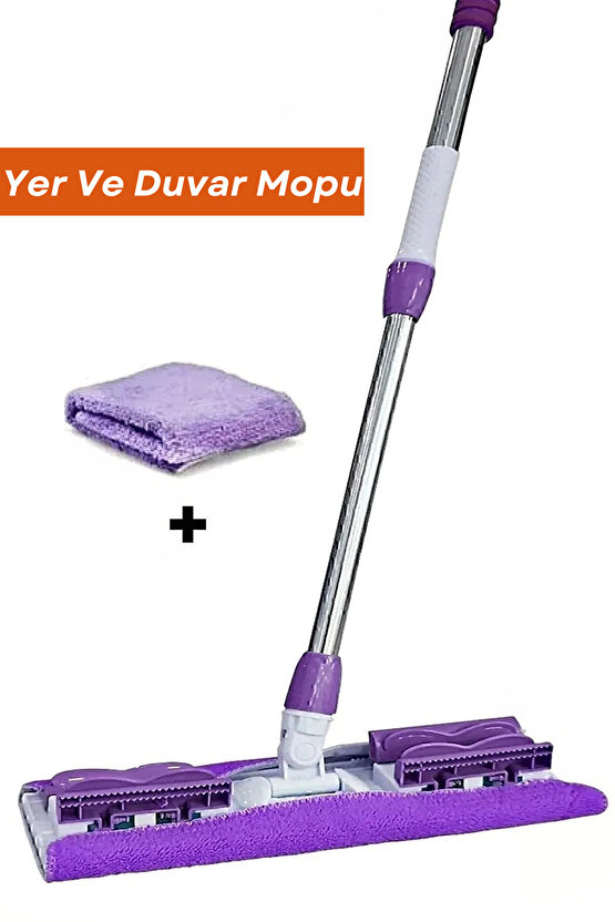 Mandalı Mor Mop Kıskaçlı Cam Silme Mopu Mikrofiber Yedek Bezli Yer Duvar Cam Fayans Silme Mopu