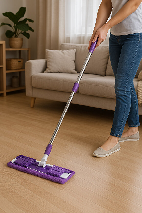 Mandalı Mor Mop Kıskaçlı Cam Silme Mopu Mikrofiber Yedek Bezli Yer Duvar Cam Fayans Silme Mopu