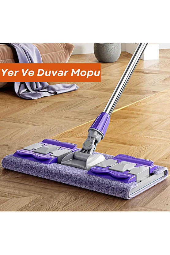 Mandalı Mor Mop Kıskaçlı Cam Silme Mopu Mikrofiber Yedek Bezli Yer Duvar Cam Fayans Silme Mopu