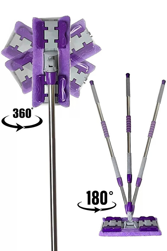 Mandalı Mor Mop Kıskaçlı Cam Silme Mopu Mikrofiber Yedek Bezli Yer Duvar Cam Fayans Silme Mopu
