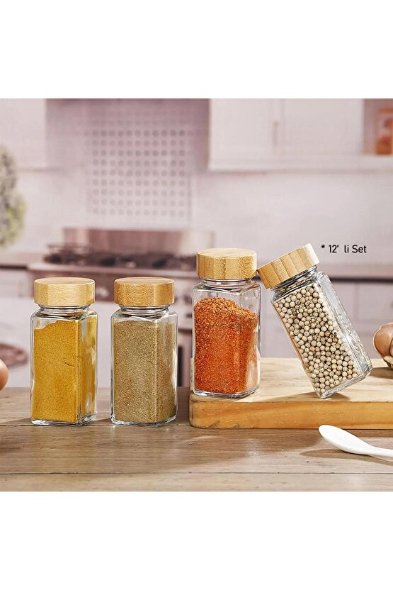 12 li Mien Bambu Kapaklı Cam Baharatlık Seti 120ml 7119008