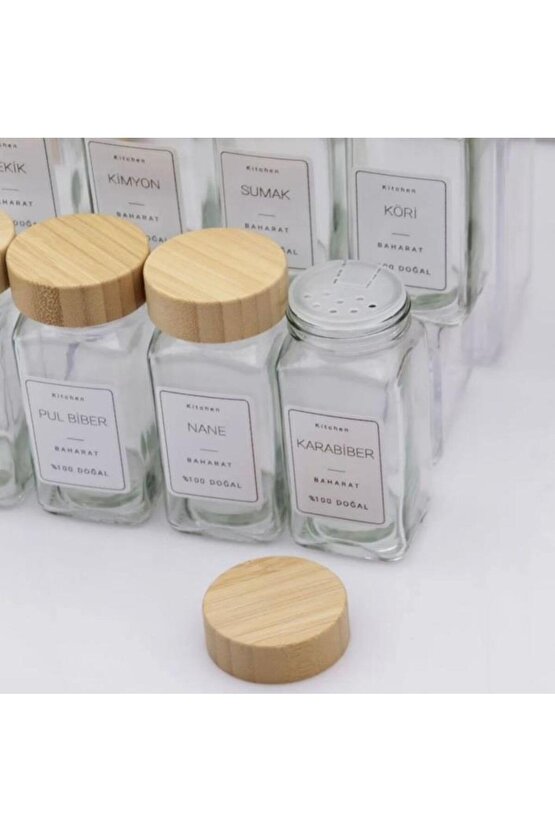 12 li Mien Bambu Kapaklı Cam Baharatlık Seti 120ml 7119008