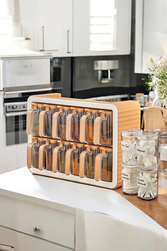 12li Standlı Kendinden Yapışkanlı Kapaklı Kaşıklı Baharatlık Takımı Ve 4lü Şeffaf Kapaklı Banyo Seti