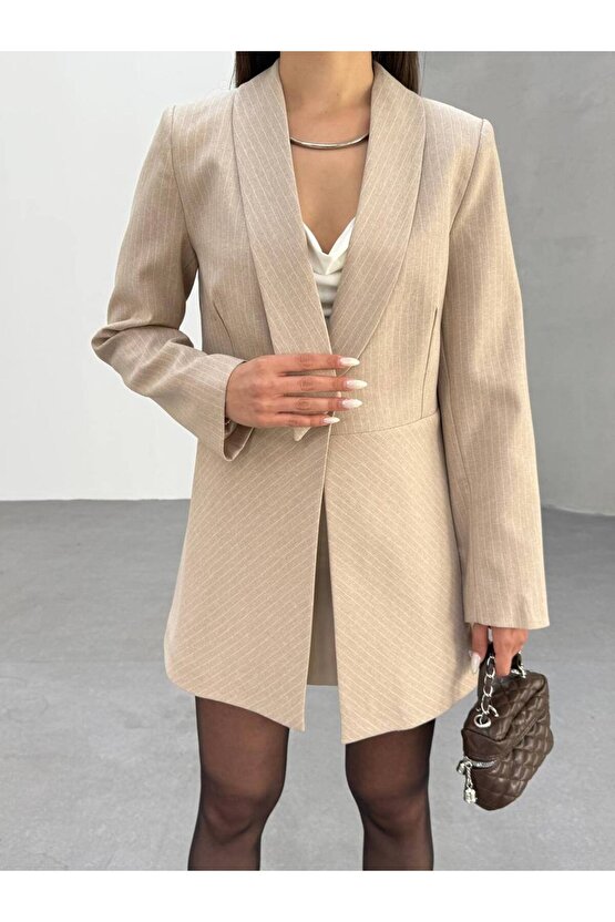 Şal Yaka Çizgili Blazer Ceket Elbise