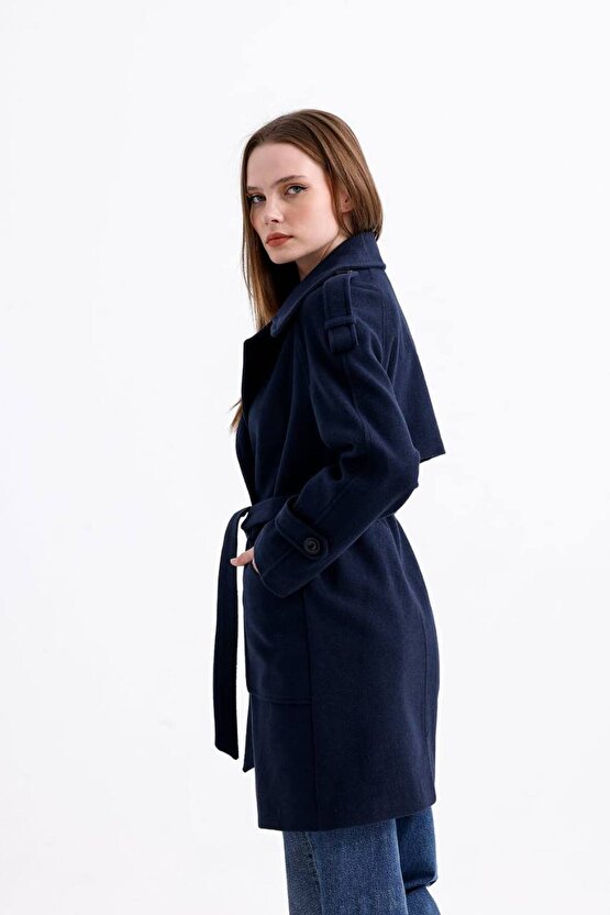 Kuşaklı Düğmeli Kaşe Kaban