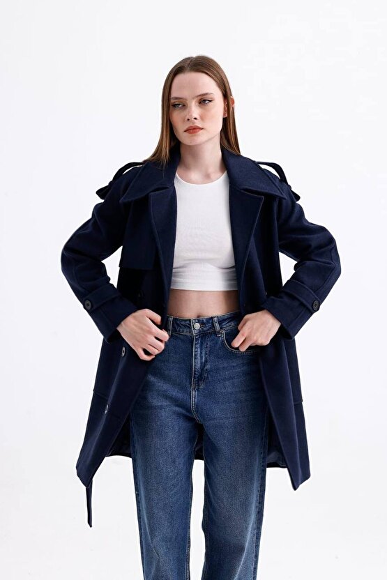 Kuşaklı Düğmeli Kaşe Kaban