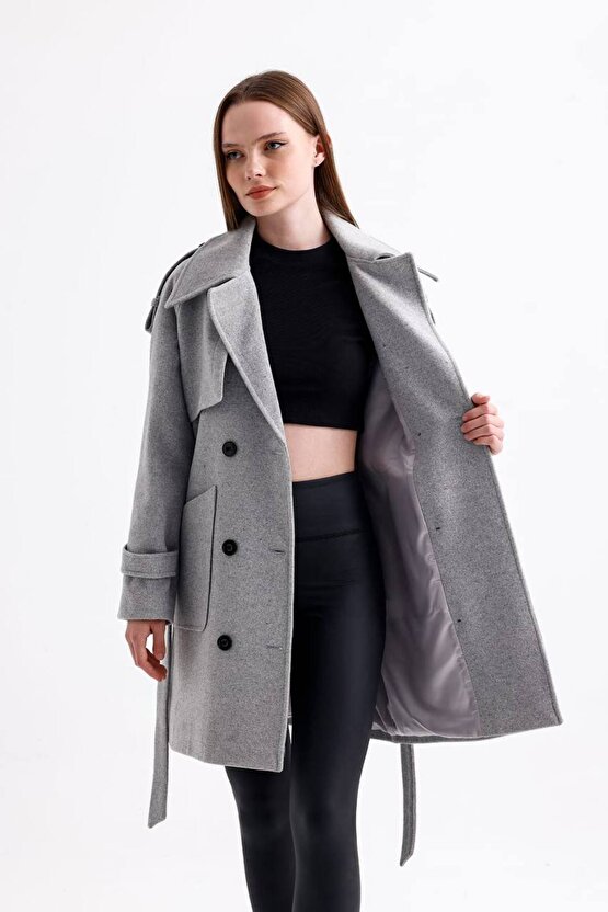 Kuşaklı Düğmeli Kaşe Kaban