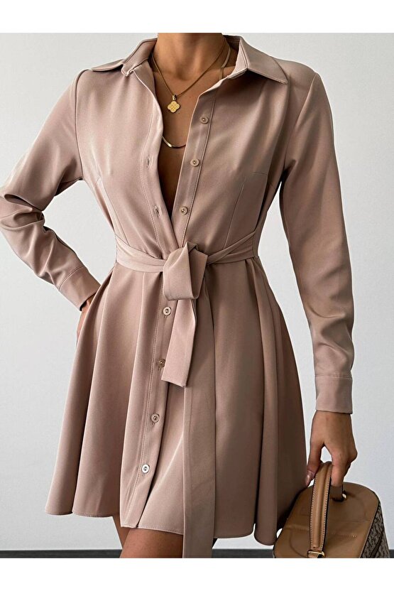 Kadın Kuşaklı Atlas Kumaş Mini Gömlek Elbise