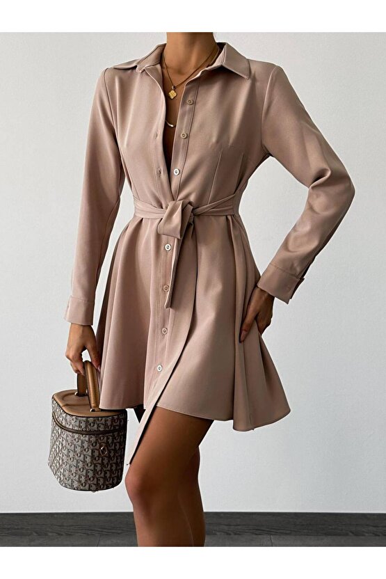Kadın Kuşaklı Atlas Kumaş Mini Gömlek Elbise