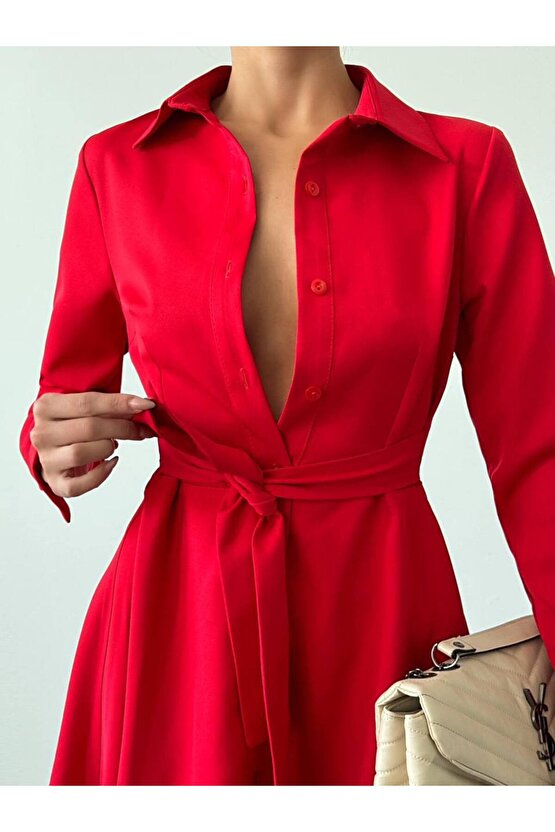 Kadın Kuşaklı Atlas Kumaş Mini Gömlek Elbise