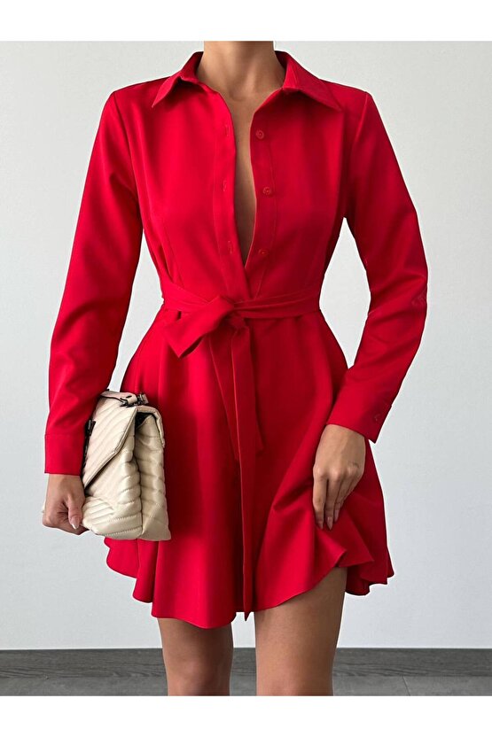 Kadın Kuşaklı Atlas Kumaş Mini Gömlek Elbise