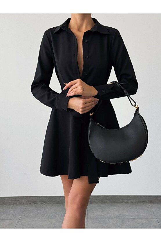 Kadın Kuşaklı Atlas Kumaş Mini Gömlek Elbise