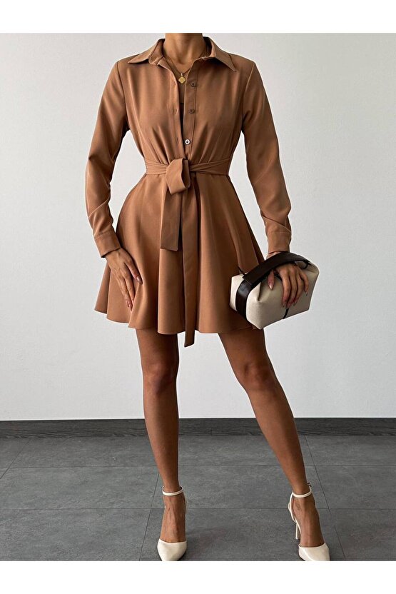 Kadın Kuşaklı Atlas Kumaş Mini Gömlek Elbise