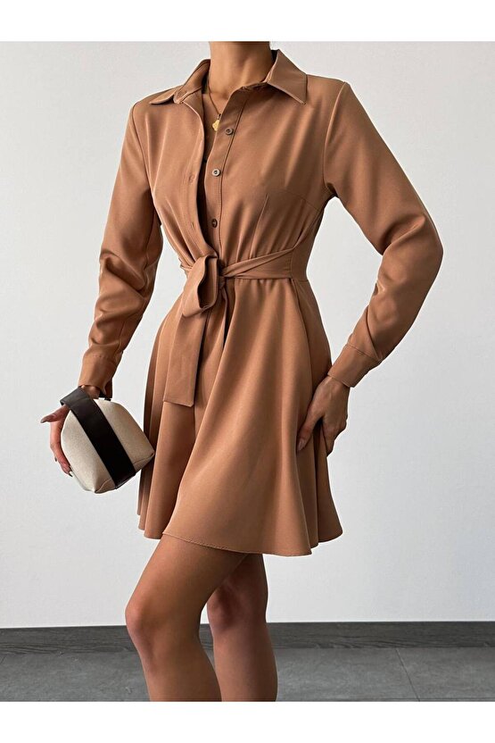 Kadın Kuşaklı Atlas Kumaş Mini Gömlek Elbise