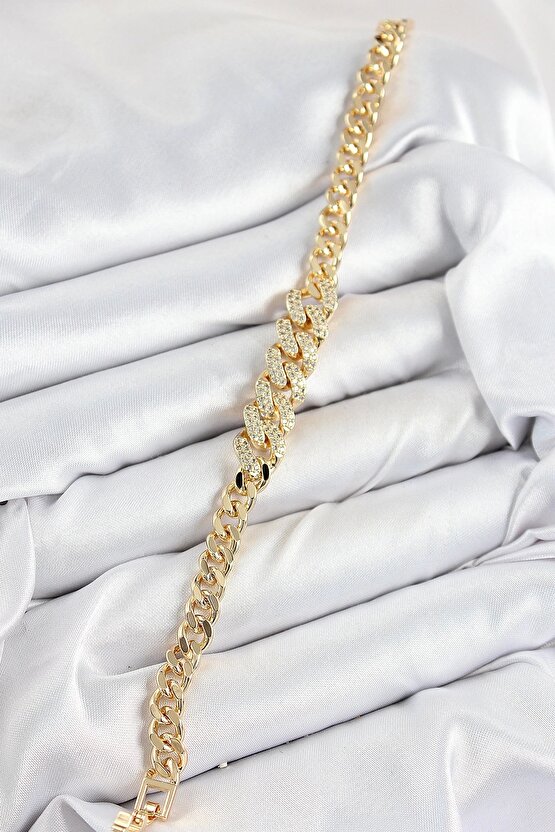 Pirinç Zirkon Taşlı Küba Zincir Model Gold Renk Kadın Bileklik