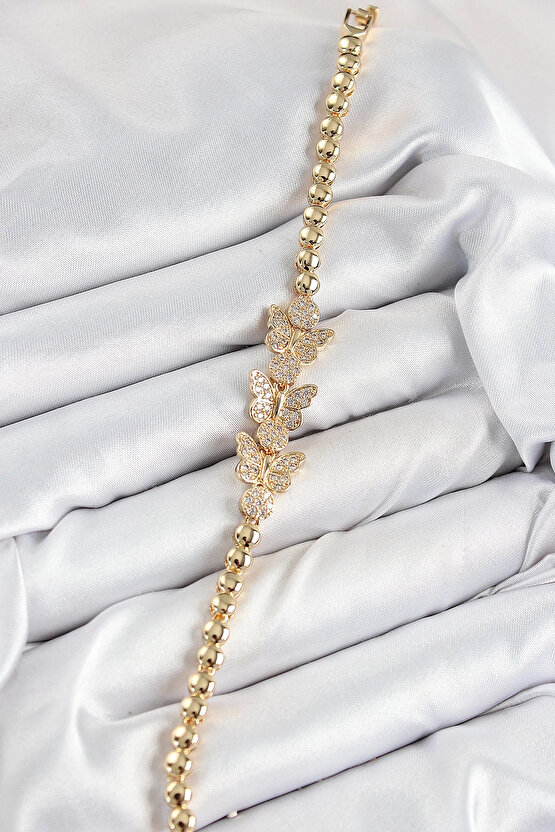 CEYLAN ADAM Pirinç Zirkon Taşlı Kelebek Model Gold Renk Kadın Bileklik