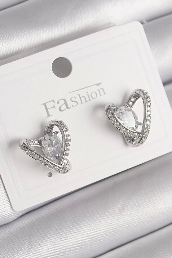 Pirinç Gümüş Renk Zirkon Taşlı Kalp Model Kadın Küpe
