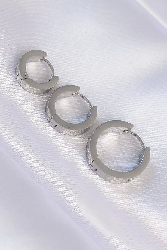 316L Çelik Gümüş Renk Zirkon Taşlı  Model 3 lü Halka Küpe