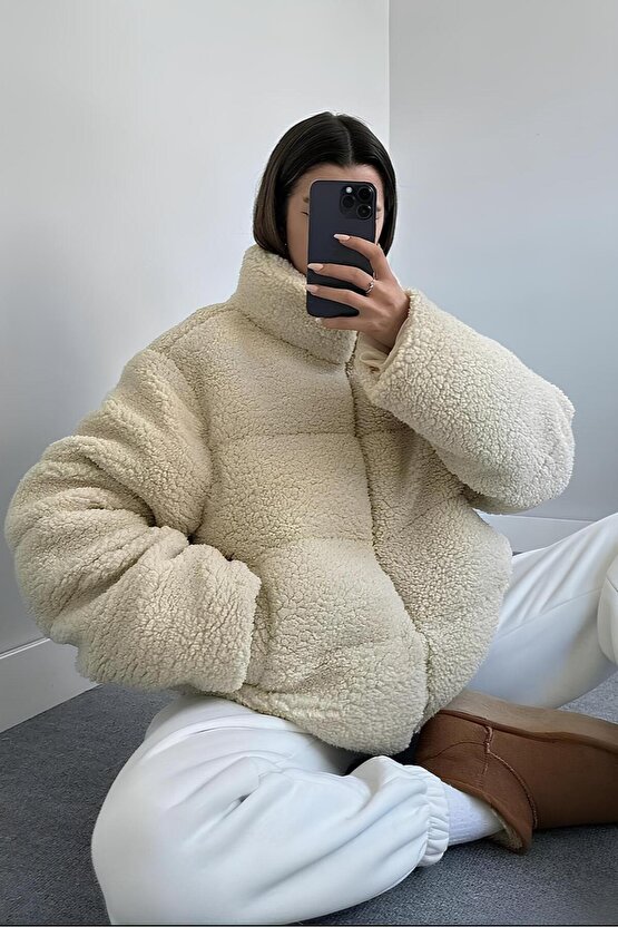 Kadın Oversize Peluş Kadın Mont – Teddy Polar Bej Şişme Mont - Kışlık Yumuşak Teddy Bear Ceket