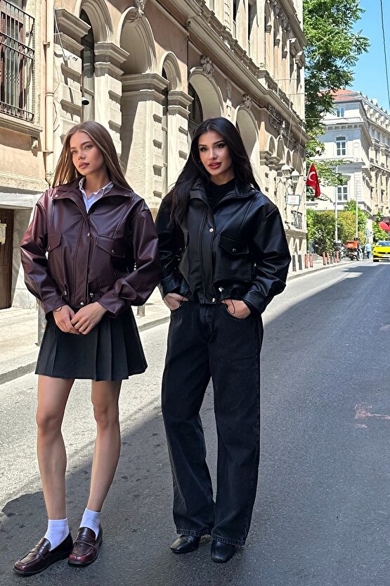 Kadın Oversize Biker Deri Ceket - Çift Büyük Cepli Bomber Kalıp